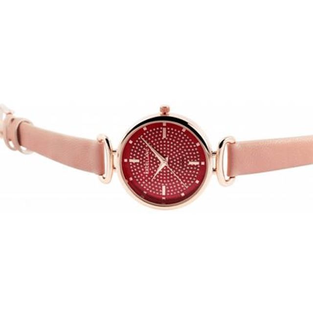 montre Excellanc femme fond rouge et trass bracelet cuir de couleur rose