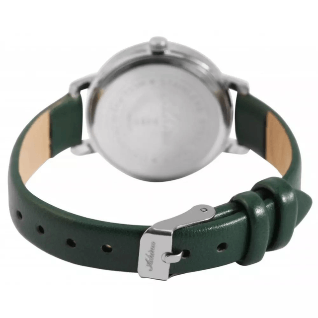 Montre marque Adrina femme fond vert chiffres bâton argenté brillant, avec bracelet en cuir de couleur vert