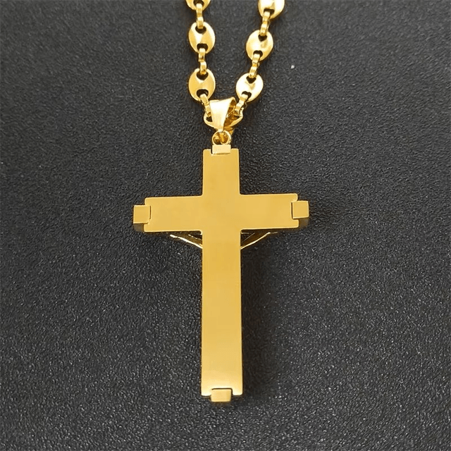 Collier pendentif Crucifix croix de jésus pour hommes, en acier inoxydable, couleur or, chaîne de grains de café chrétien