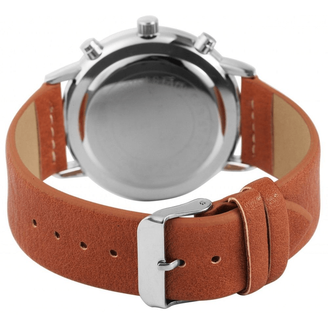 Montre marque Excellanc homme fond noir chiffres bâtons, deux petit cadran factice avec bracelet en cuir marron