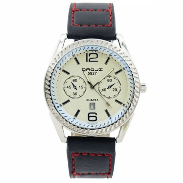 montre homme fond blanc créme, date,  avec trois cadran factice et son bracelet cuir  de couleur noir