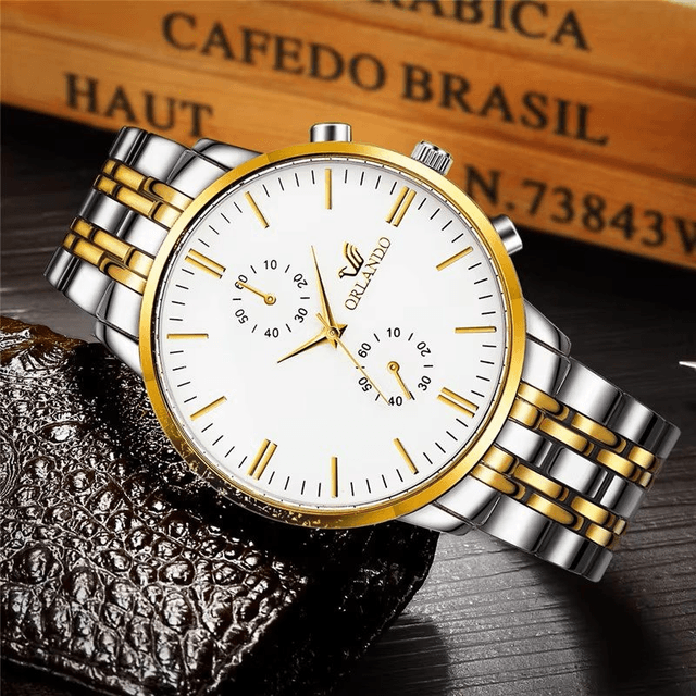 montre à Quartz pour hommes fond blanc bracelet en acier inoxydable