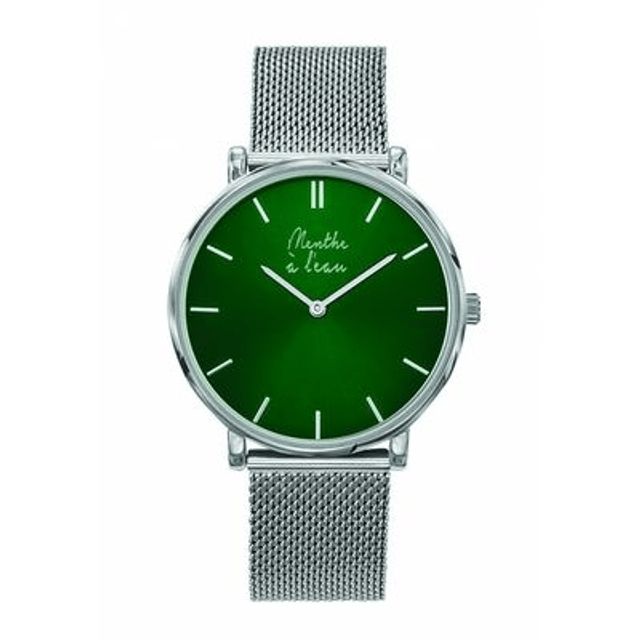 montre  menthe à l'eau mixte fond vert et index des minutes bâton argenté brillant  bracelet maille milanaise chromé