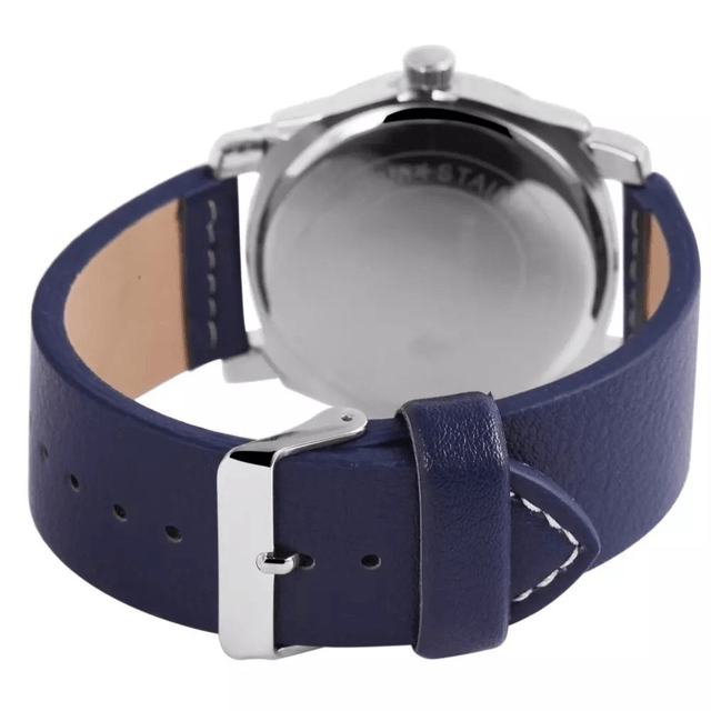 Montre marque Excellanc sport homme fond bleu et index des minutes blanc bracelet cuir de couleur bleu
