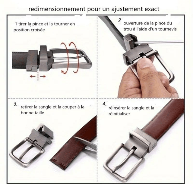 Ceinture Réversible boucle à épingle rotative, port double face noir et café deux en un 110 cm