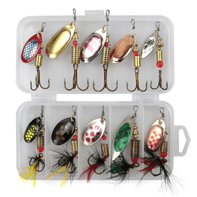 Leurre de pêche spinner cuillère en métal, kit de crochet de brochet, appâts artificiels, ensemble de 10 pièces