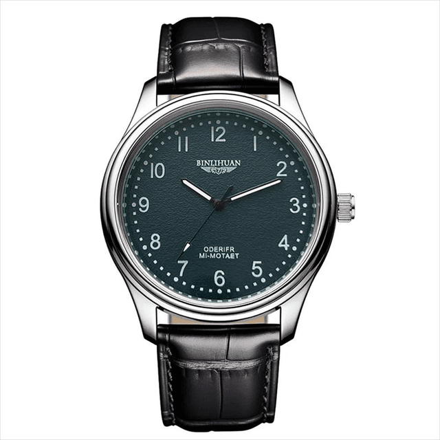 Montre pour hommes, fond vert bracelet en cuir noir étanche 3 bars 