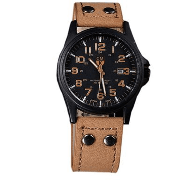 Montre sport pour homme, fond noir date, bracelet cuir marron