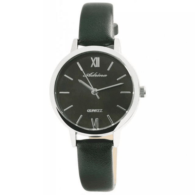 Montre marque Adrina femme fond vert chiffres bâton argenté brillant, avec bracelet en cuir de couleur vert