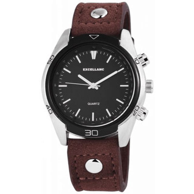 Montre marque Excellanc homme fond noir, bracelet cuir vintage de couleur Marron