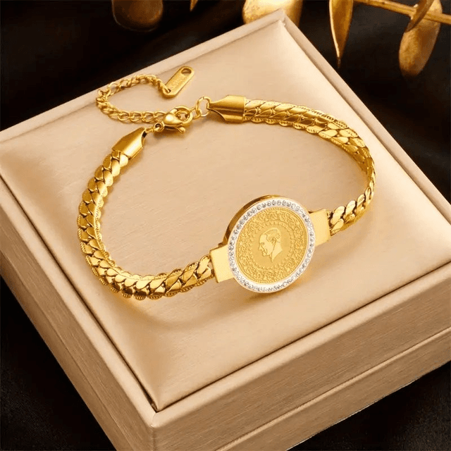 Bracelet en acier inoxydable orné d&#039;une pièce de monnaie, antiallergique 