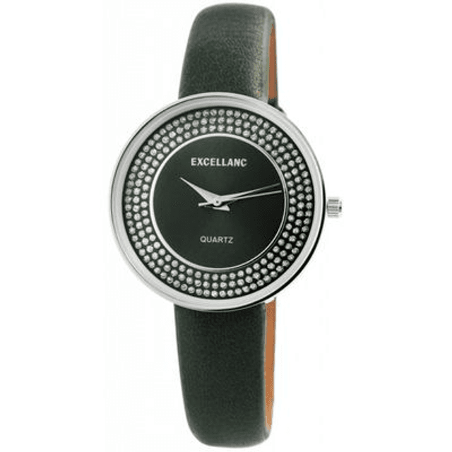 Montre marque Excellanc femme fond vert argenté, bracelet cuir de couleur vert