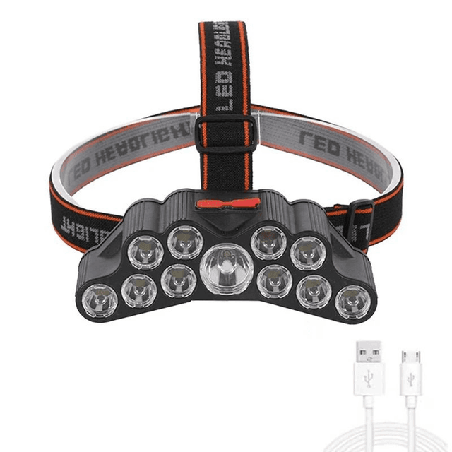 Lampe frontal à 11 LED, batterie intégrée lampe de poche, camping, aventure, pêche 