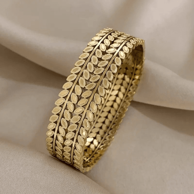 Bracelet large en acier inoxydable avec motif de feuille vintage