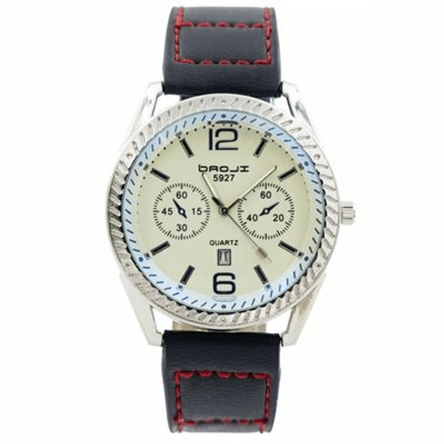 montre homme fond blanc créme, date,  avec trois cadran factice et son bracelet cuir  de couleur noir